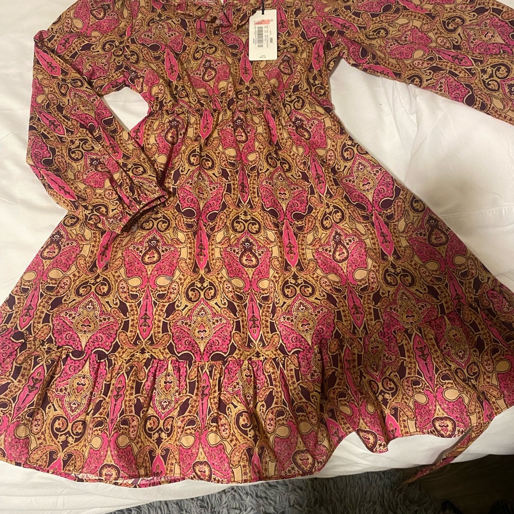 Bohemian Pink and Brown Patterned Dress a girl loves Paisley long sleeve ruffle
